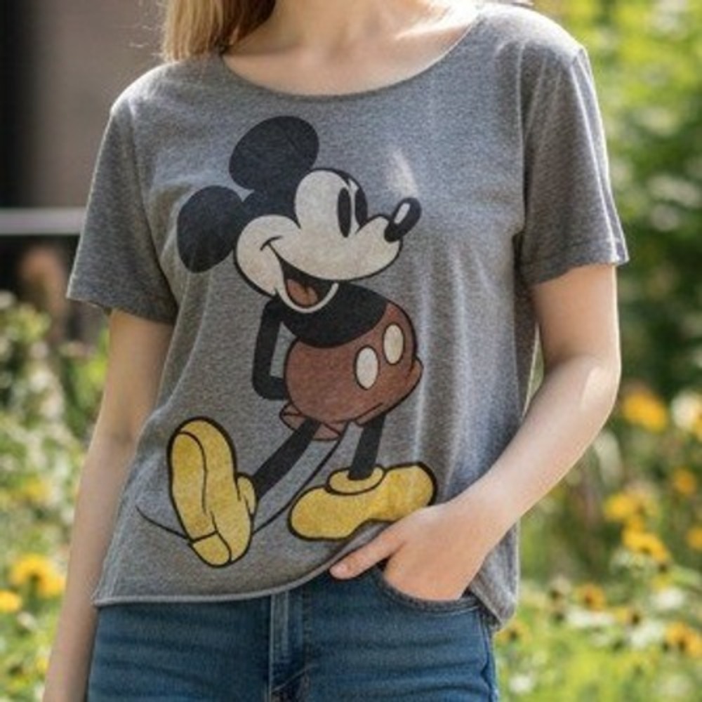 Disney Mickey Mouse Tee Size M Women Gray Raw Cut Cropped Graphic Shirt